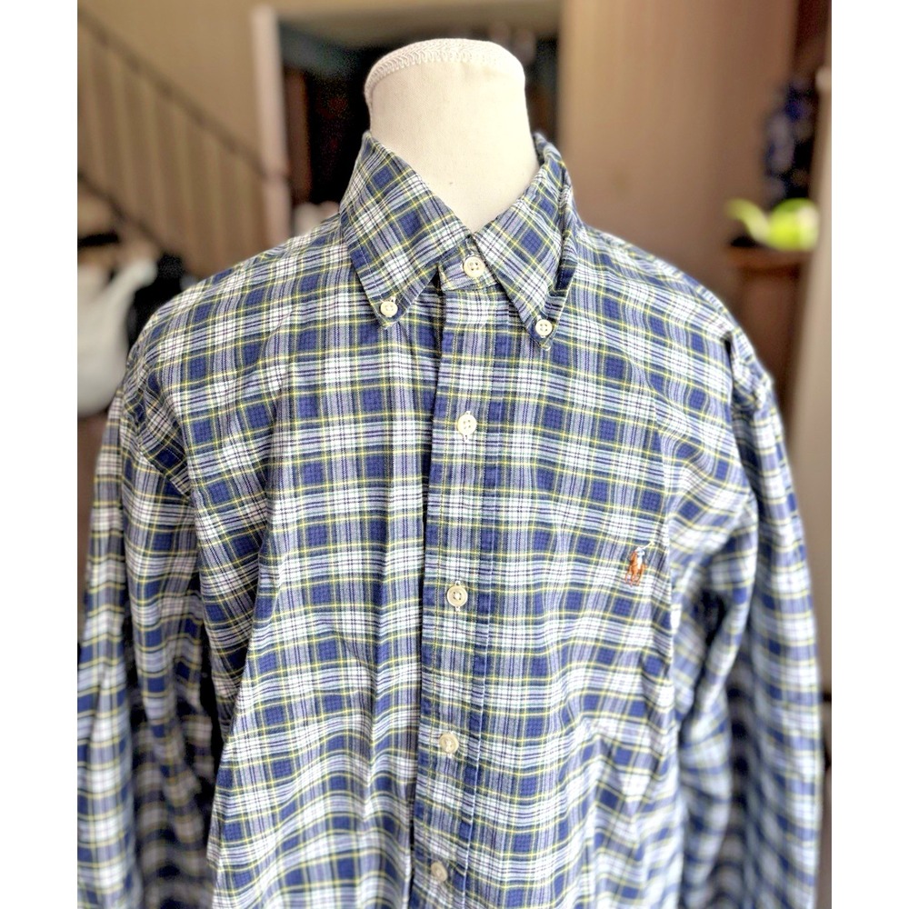 Ralph Lauren Shirt Men L Blue Plaid Long Sleeve Flesh‎ Pony Preppy Classic Fit